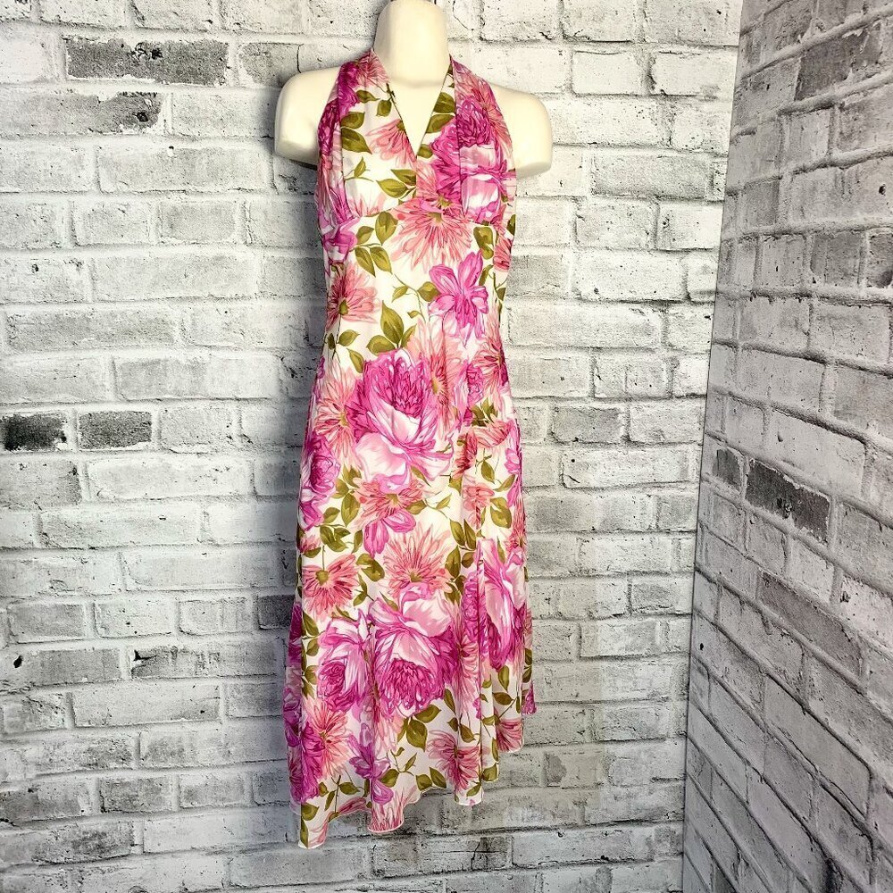 Vintage Y2K Floral Sheer Chiffon Asymmetrical Halter Midi Dress
